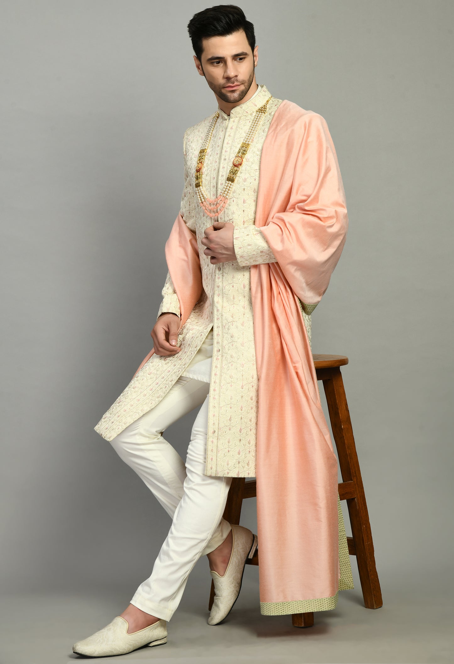 Men’s Sherwani – Silk in Cream with Detailed Hand Embroidery Allover | One Man Show
