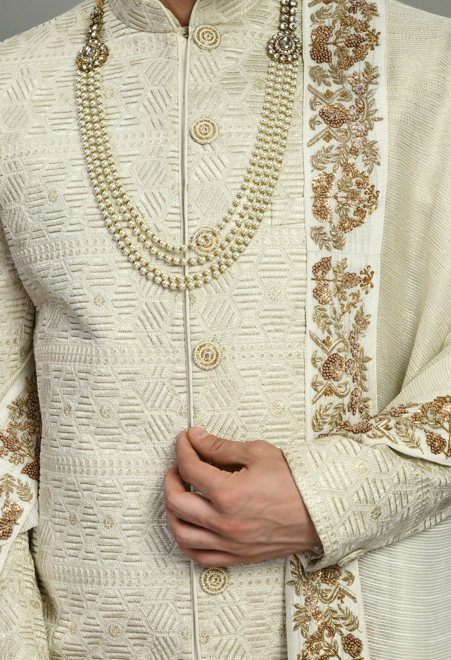 Men’s Sherwani – Silk in Ivory with Detailed Hand Embroidery | One Man Show