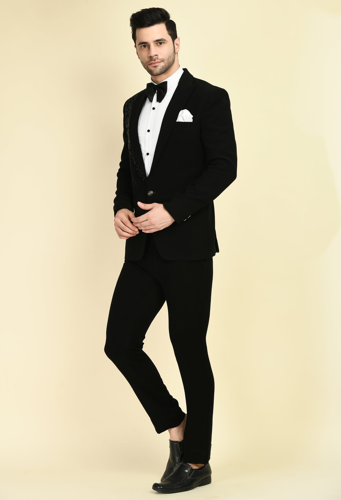 Men’s Tuxedo – Japanese Lycra in Black with Beads and Stone Work | One Man Show