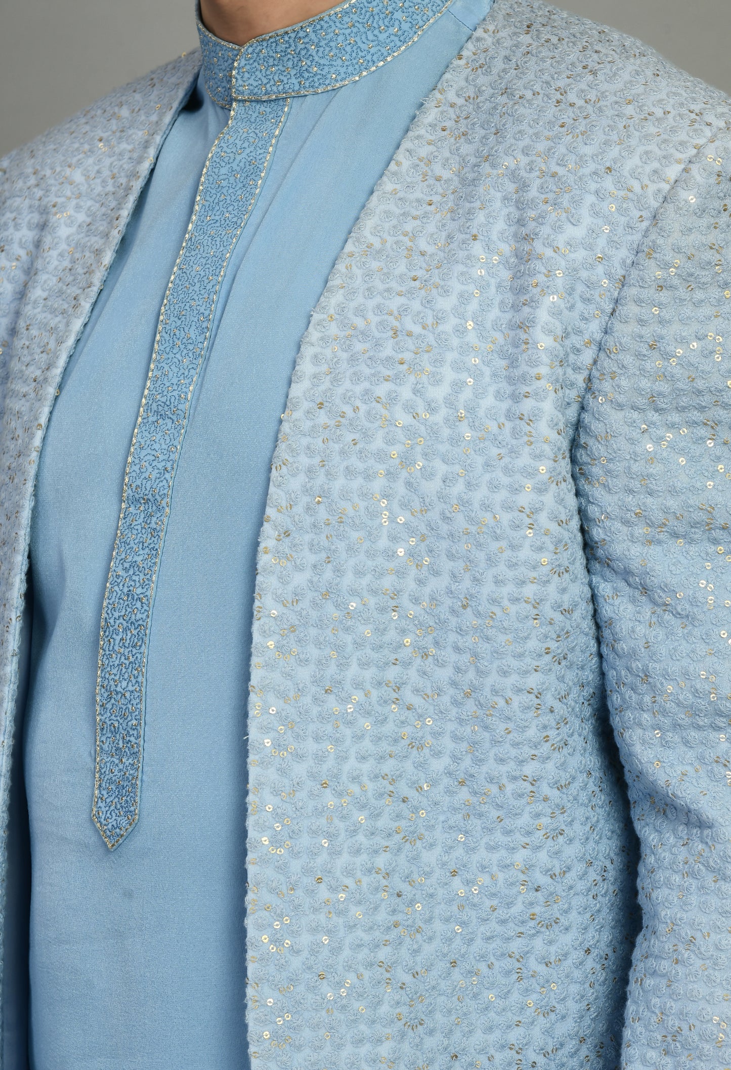 Men’s Indo-Western – Silk Georgette in Sky Blue with Floral Thread Work | One Man Show