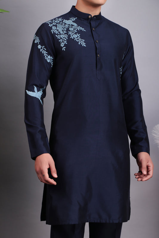 Side view - Men’s Kurta Set – Silk in Blue with Blue Silk Thread Placement Embroidery