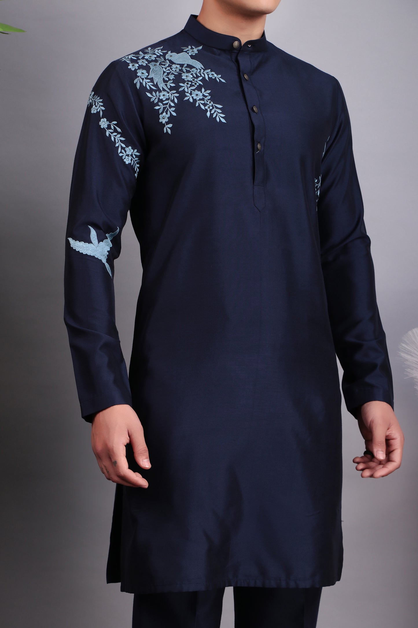 Men’s Kurta Set – Silk in Blue with Blue Silk Thread Placement Embroidery | One Man Show
