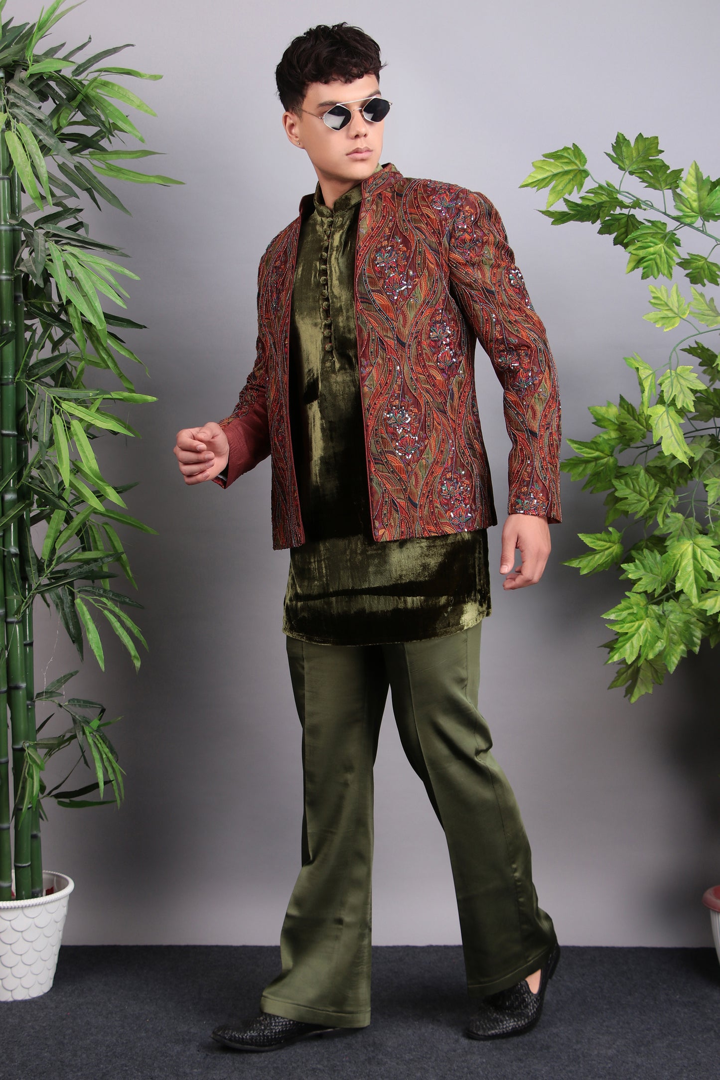 Men’s Indo-Western – Velvet Embroidered Fabric in Green with Multi Colored Floral Embroidery | One Man Show