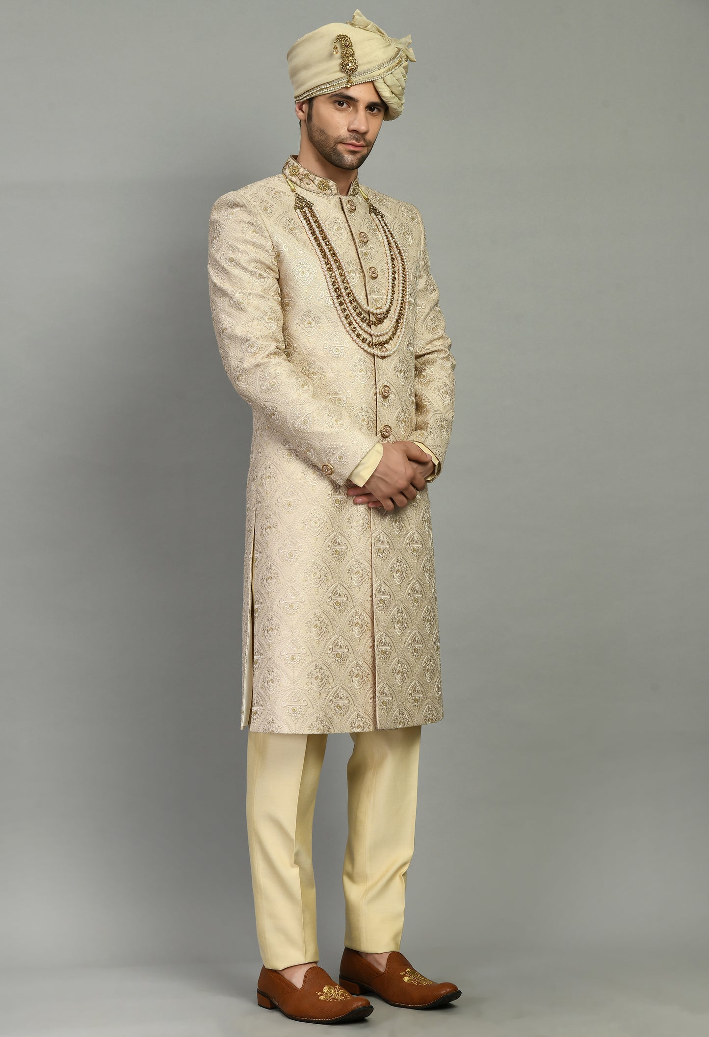 Men’s Sherwani – Silk in Beige with Detailed Hand Embroidery | One Man Show