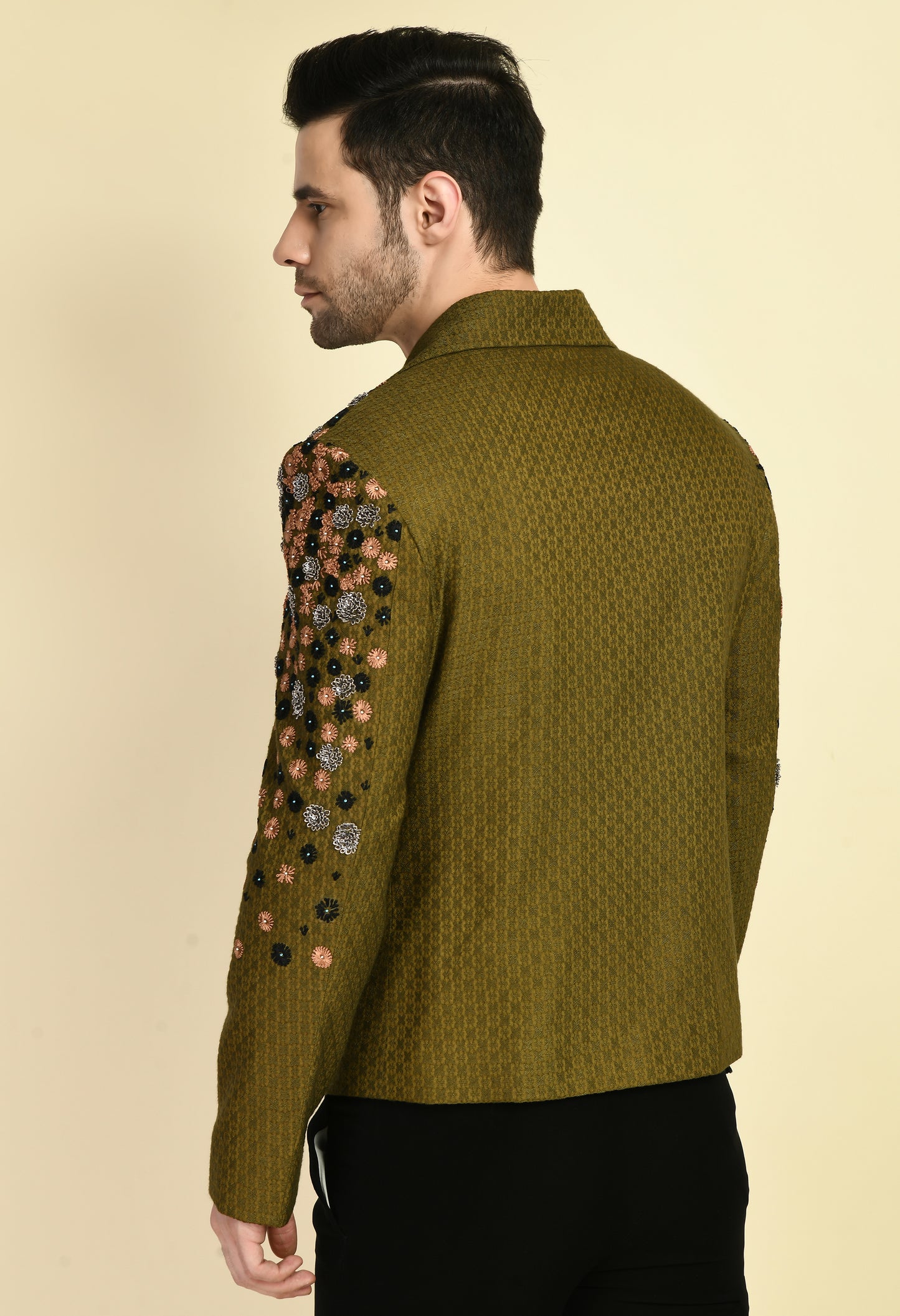 Men’s Biker Jacket – Silk Jaquard in Olive Green with Placement Embroidery | One Man Show