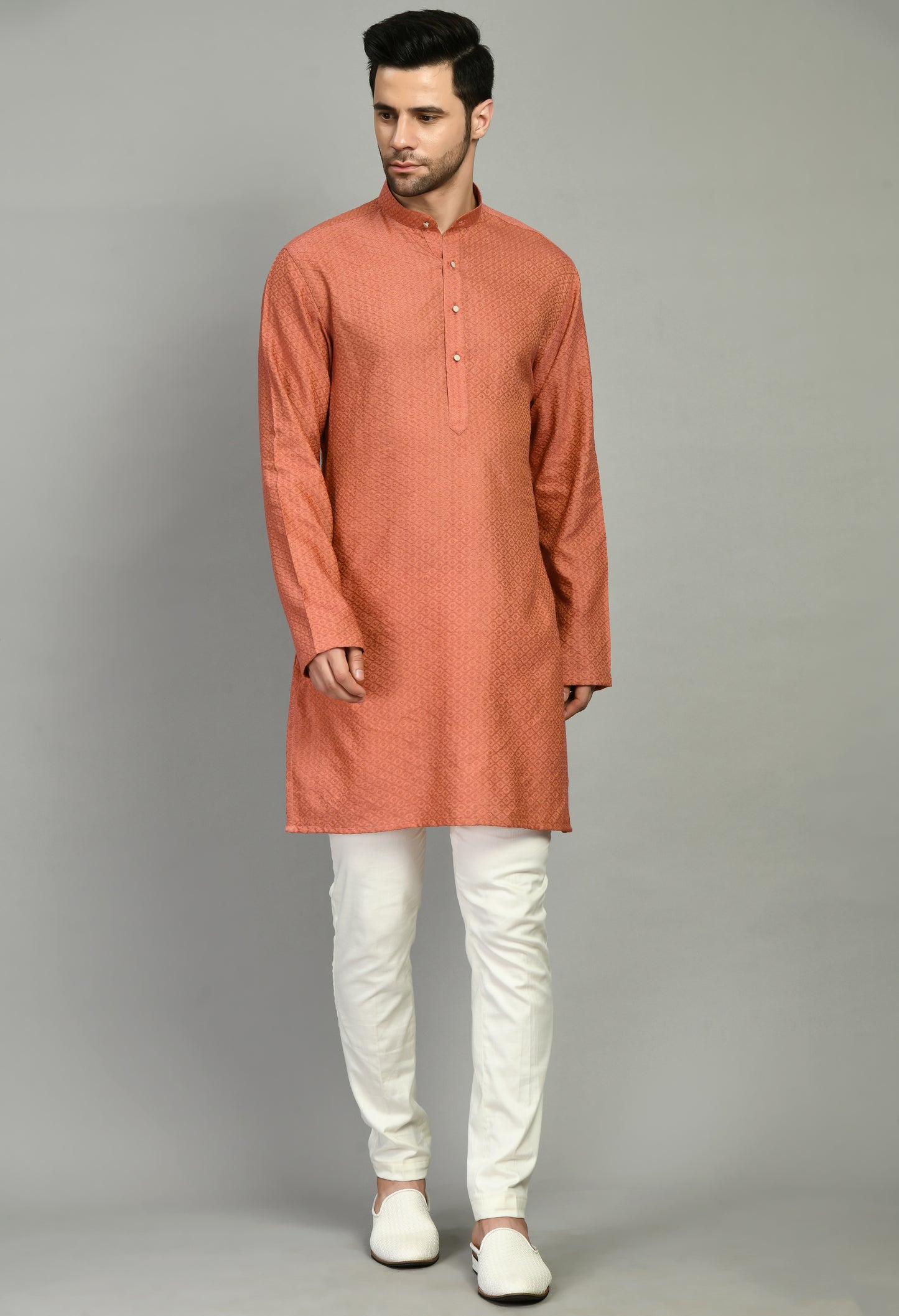 Detail view 3 - Men’s Nehru Jacket – Silk Georgette in Orange with Silk Thread and Sequins Embroidery