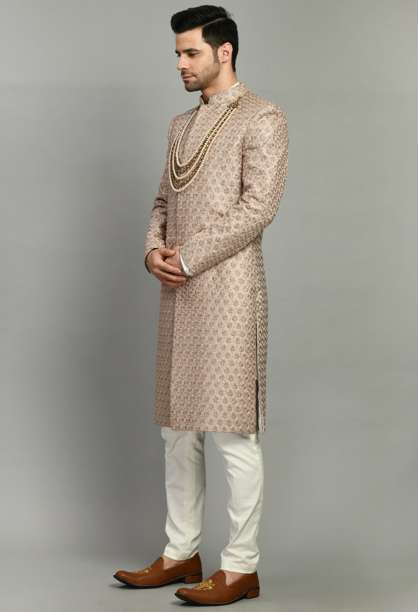 Men’s Sherwani – Silk in Pink with Detailed Hand Embroidery | One Man Show