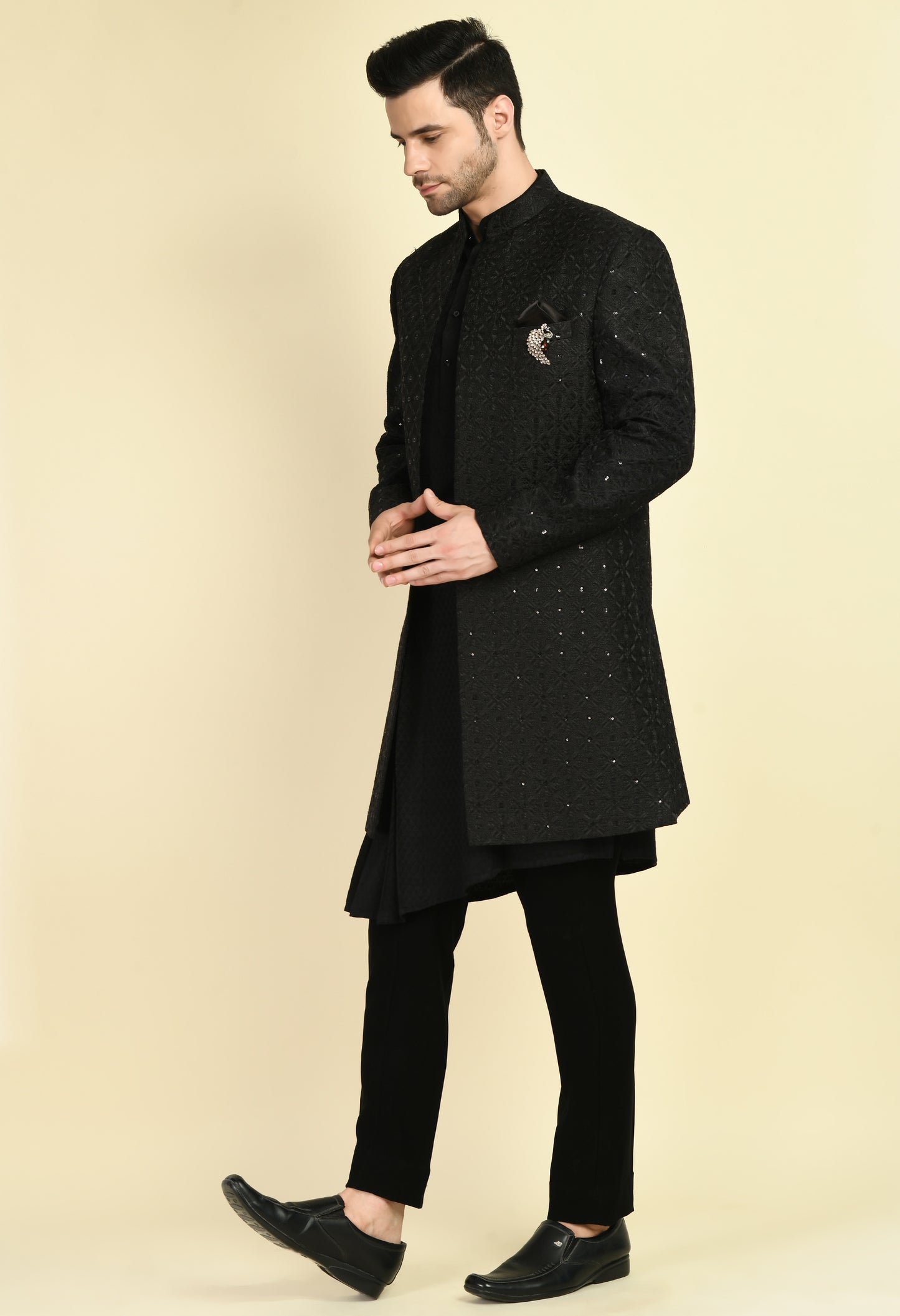 Men’s Indo-Western – Silk Georgette in Black with Front Open Self Sequins Embroidery | One Man Show