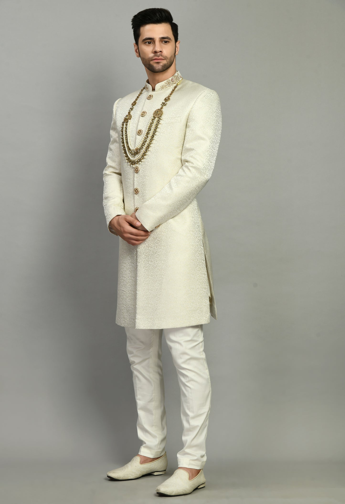 Men’s Sherwani – Silk in Ivory with Detailed Hand Embroidery Allover | One Man Show