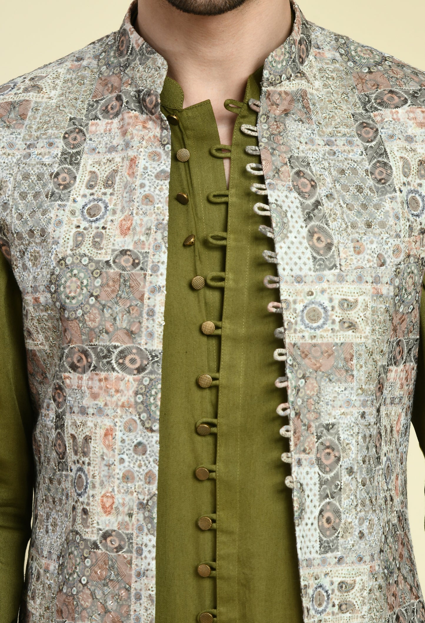 Men’s Nehru Jacket – Silk in Green with Silk Thread Embroidery | One Man Show