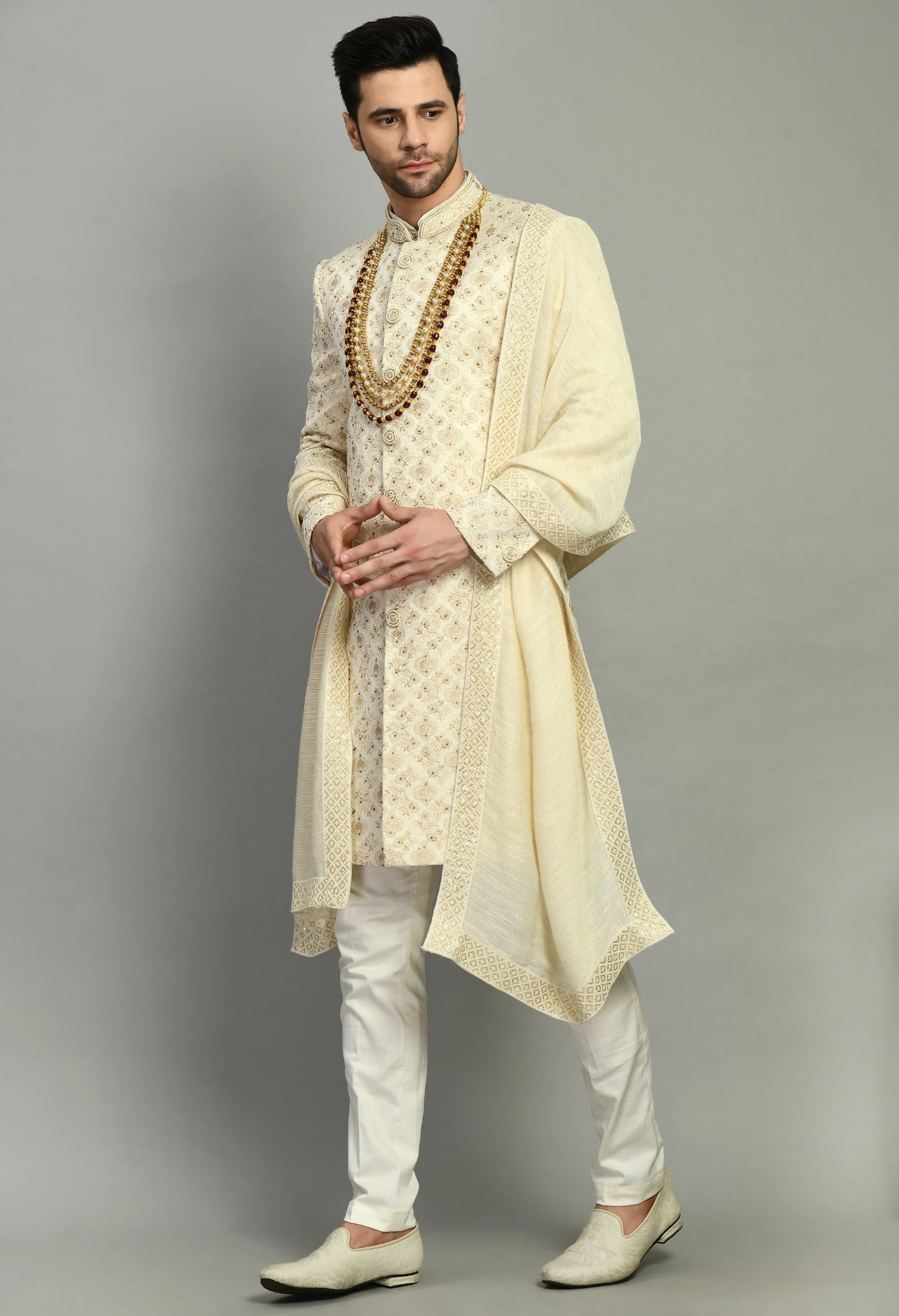 Men’s Sherwani – Silk in Ivory with Detailed Hand Embroidery | One Man Show
