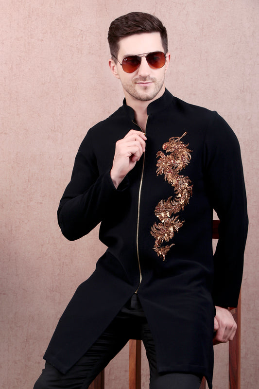 Men’s Kurta Set – Japanese Lycra Zip Front in Black with Zari Motif | One Man Show
