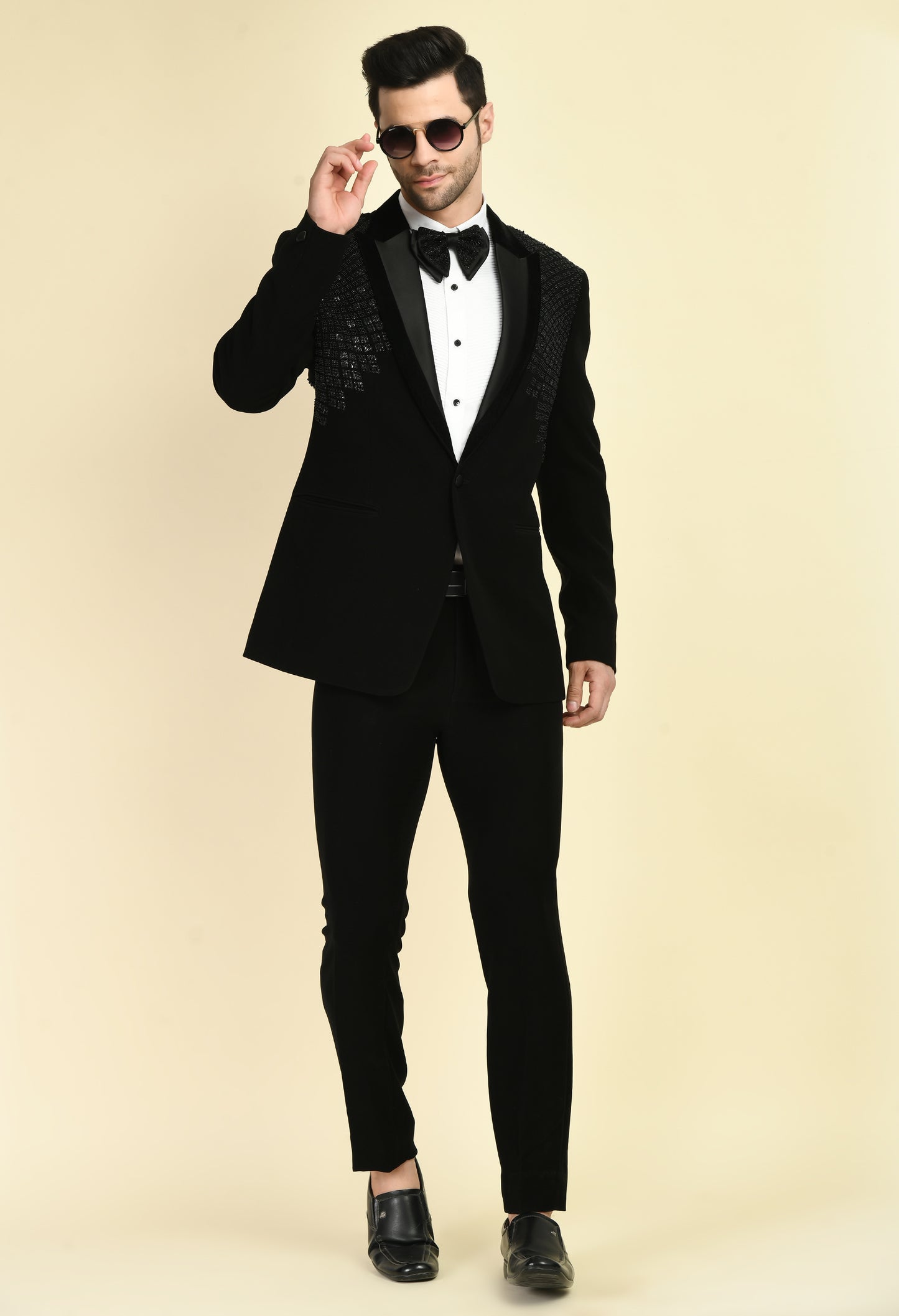 Men’s Tuxedo – Japanese Lycra in Black with Geometric Beads, Stone and Sequins Embroidery | One Man Show