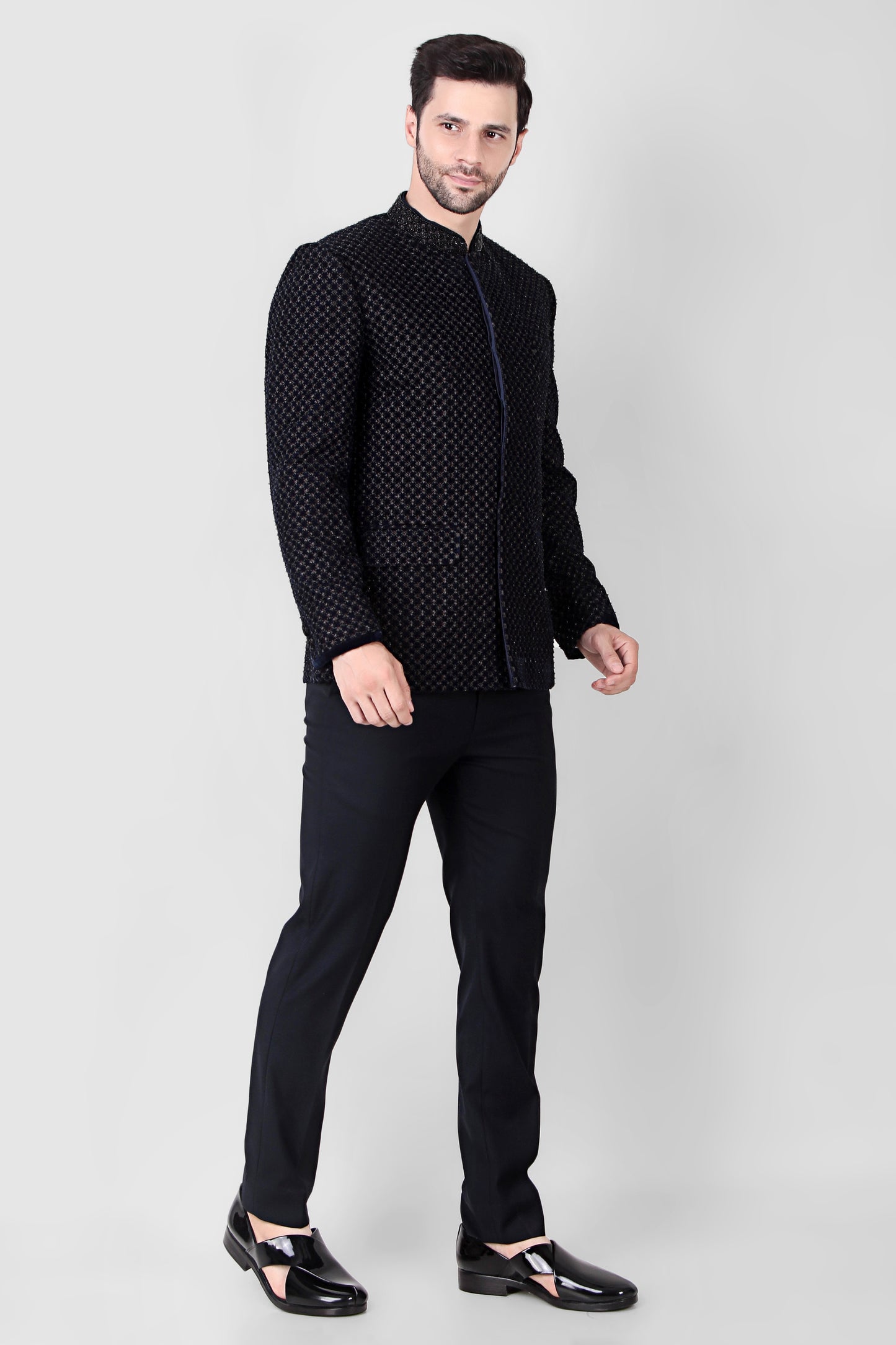 Men’s Bandhgala – Velvet in Black with Beads Embroidery | One Man Show