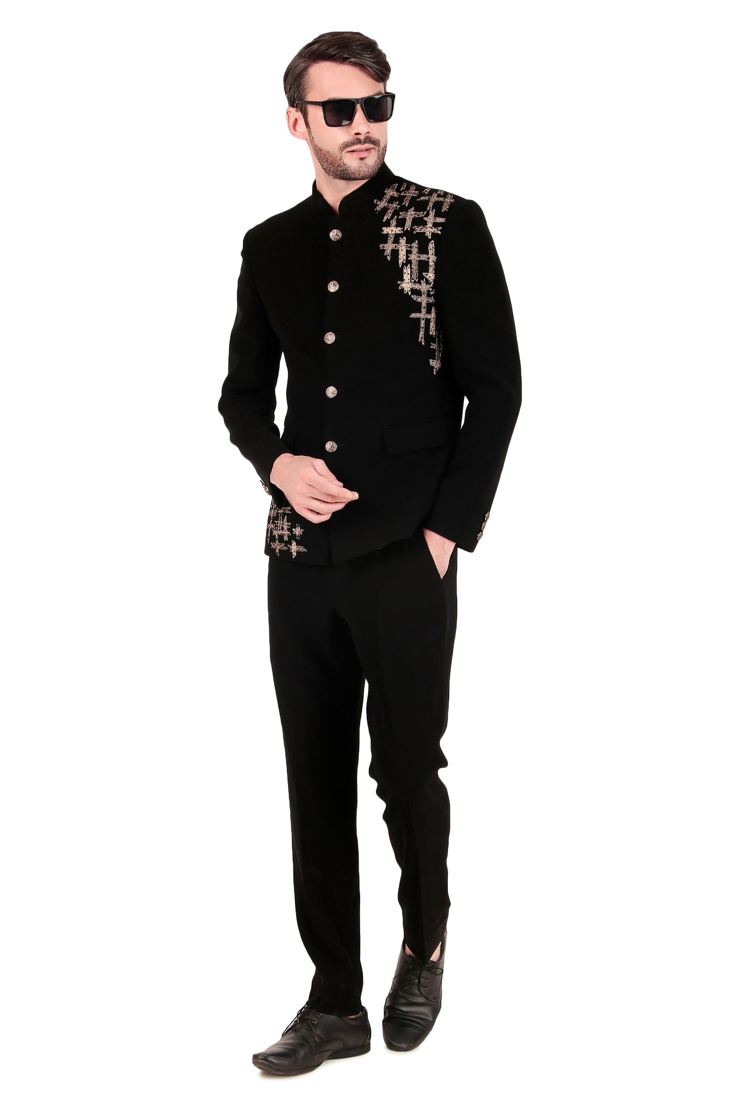 Detail view 5 - Men’s Bandhgala – Japanese Lycra in Black with Zari Embroidery