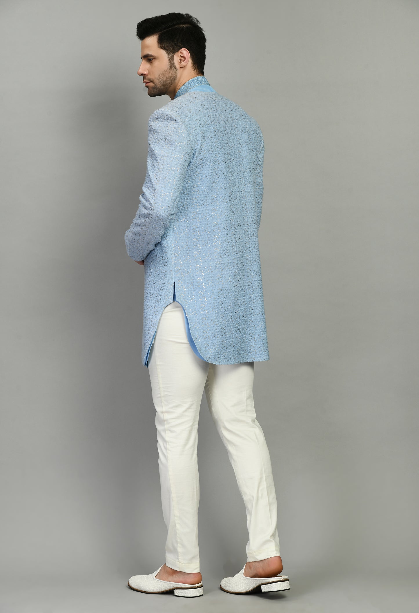Men’s Indo-Western – Silk Georgette in Sky Blue with Floral Thread Work | One Man Show