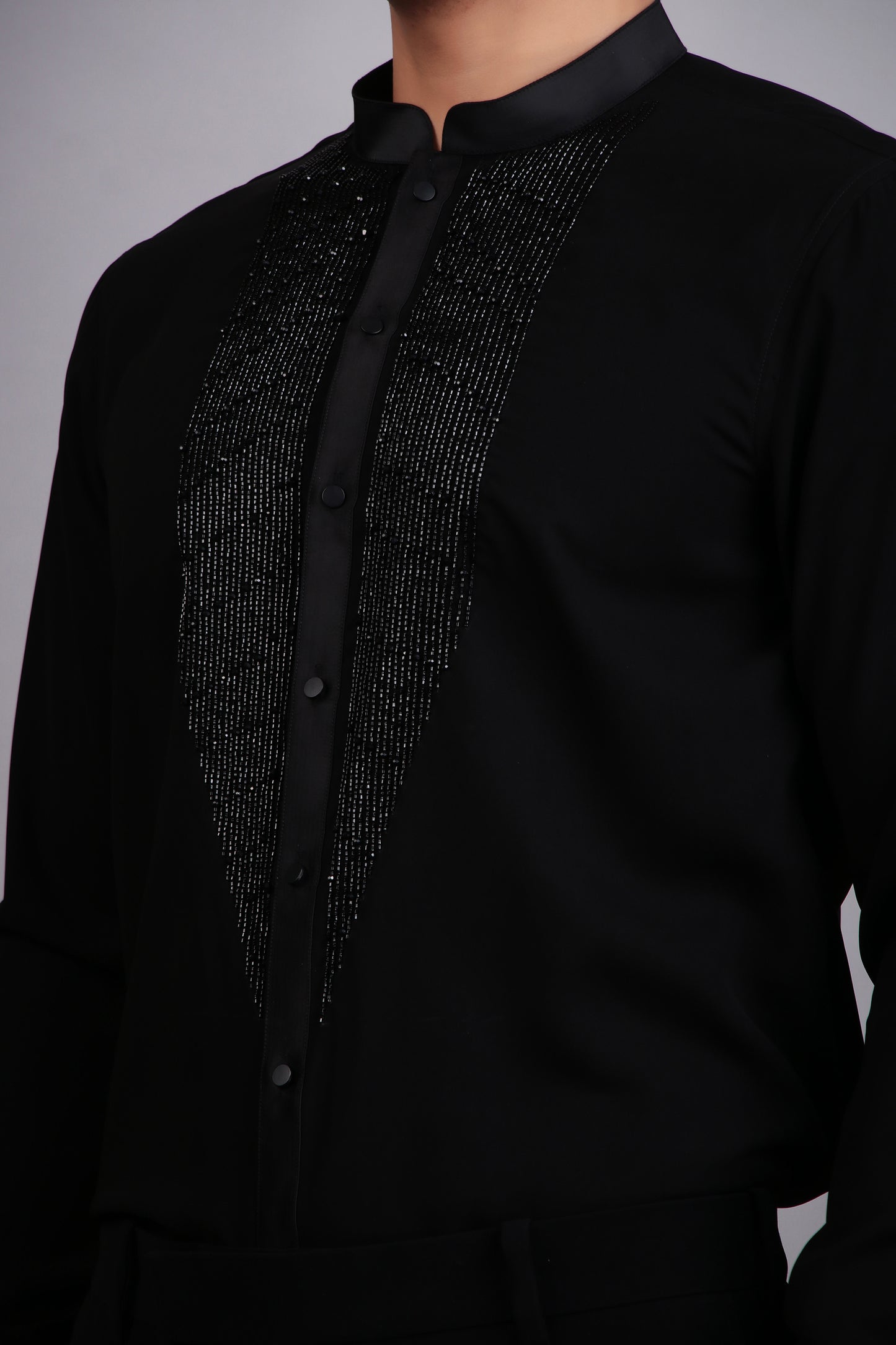 Men’s Shirt – Korean Wrinkle Free in Black with Front Beads Embroidery | One Man Show