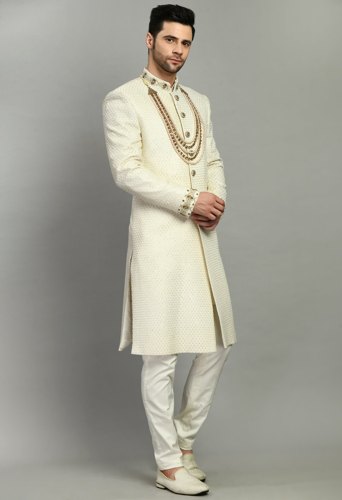 Men’s Sherwani – Silk in Ivory with Detailed Hand Embroidery | One Man Show