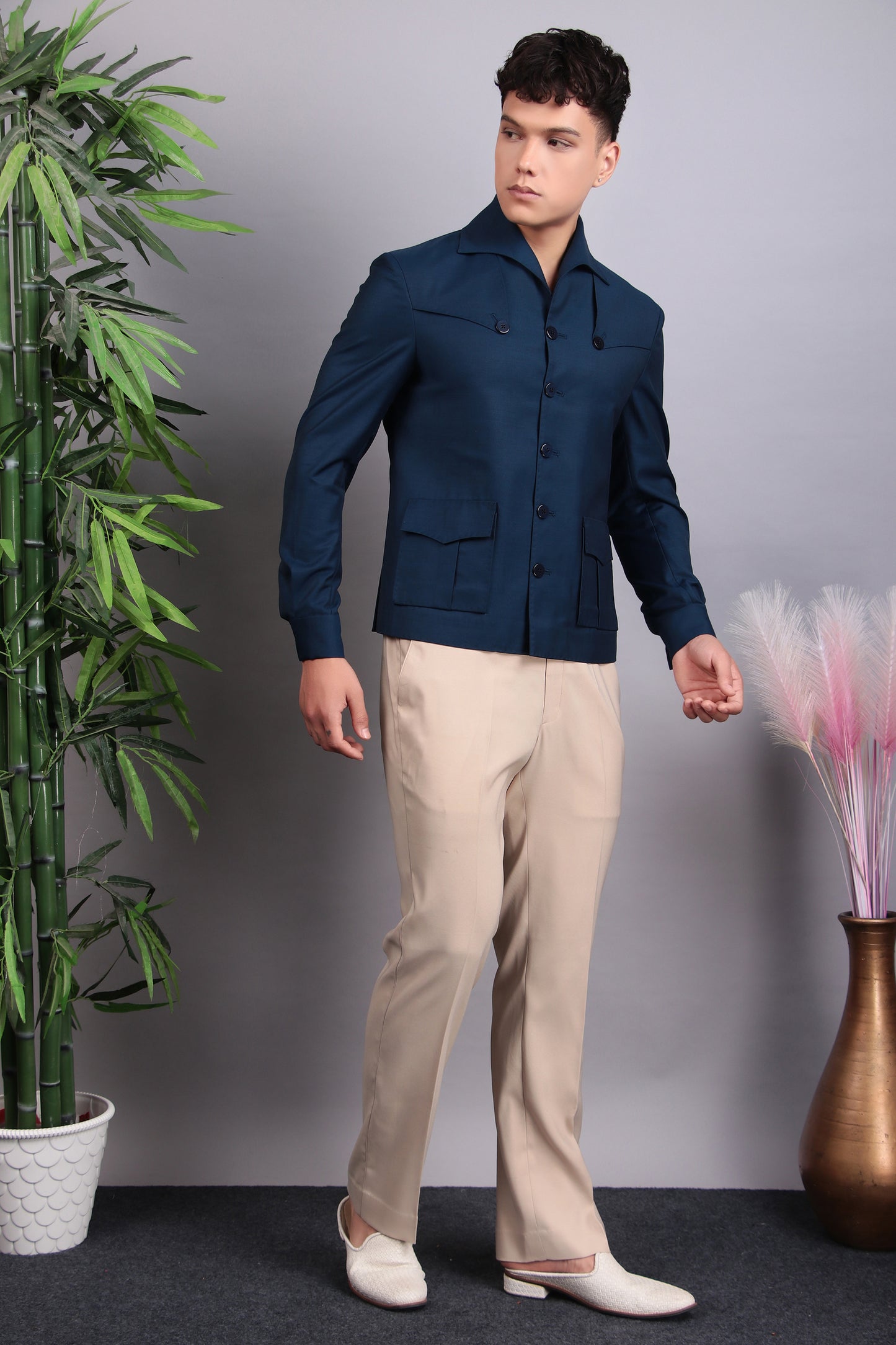 Men’s Suit – Suiting Lycra in Blue with Hunter Shirt and Hand Stitchwork Details | One Man Show
