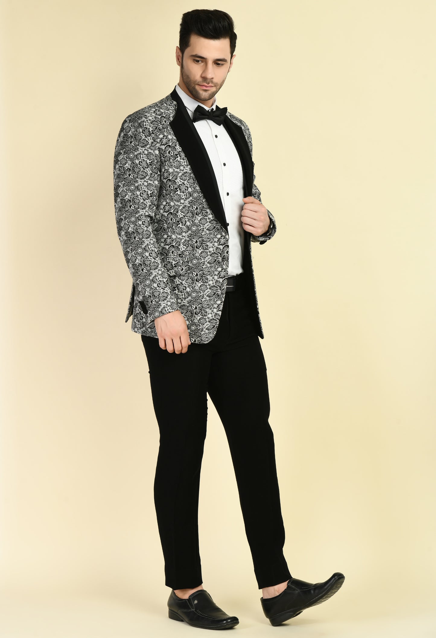 Men’s Tuxedo – Poly Jaquard in Grey with Floral Lapel Design | One Man Show