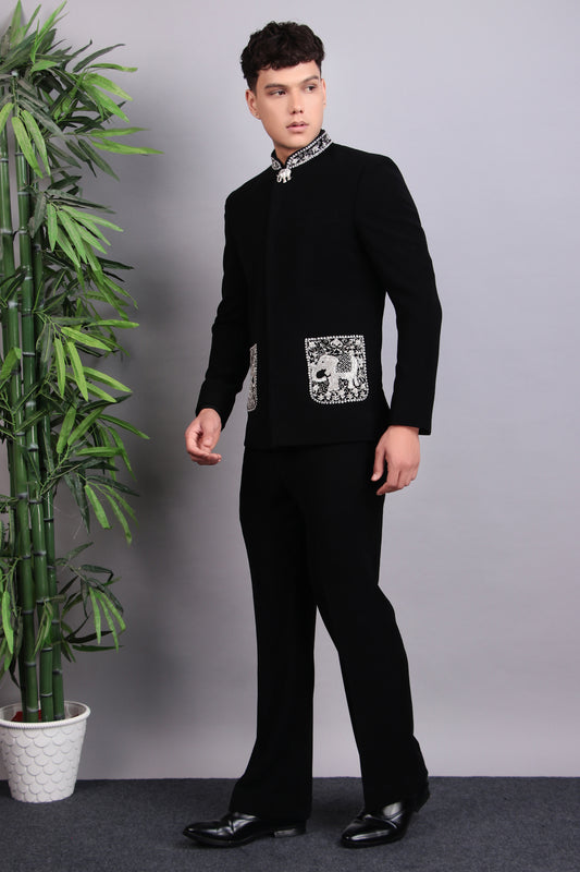 Men’s Bandhgala – Japanese Lycra in Black with Silver Silk Thread, Zari and Stones Embroidery | One Man Show