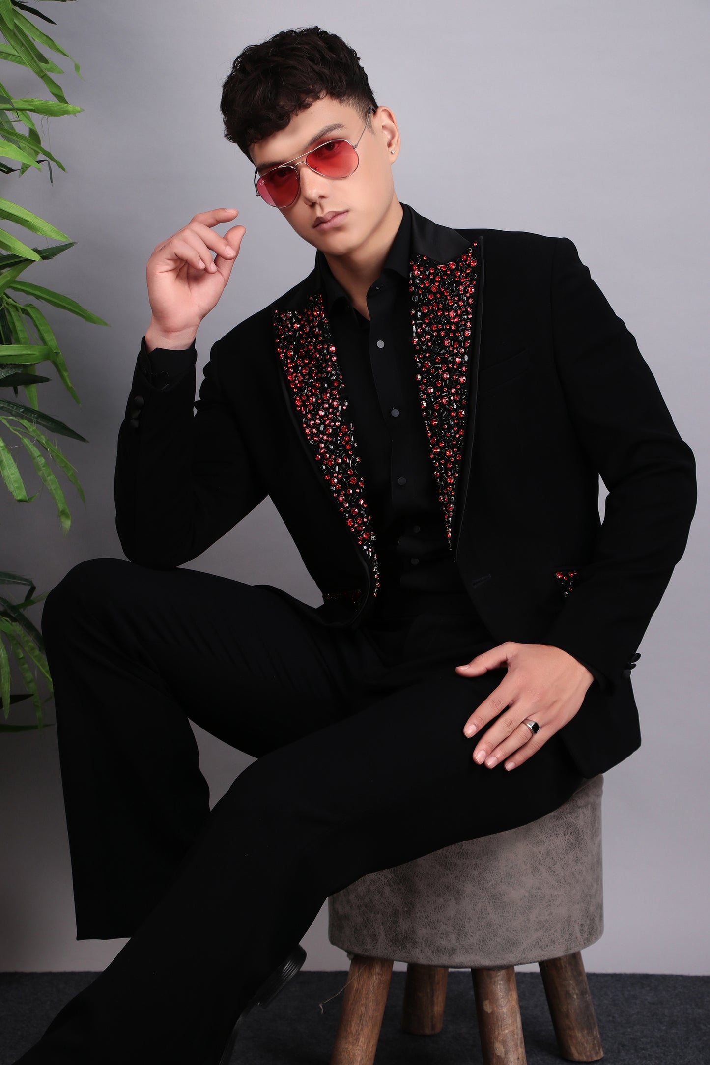 Men’s Tuxedo – Japanese Lycra in Black with Abstract Stones Embroidery | One Man Show