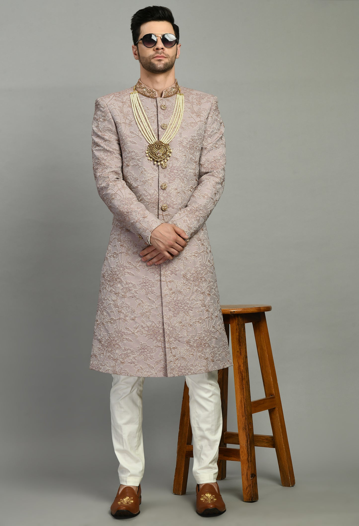 Men’s Sherwani – Silk in Pink with Detailed Hand Embroidery Allover | One Man Show