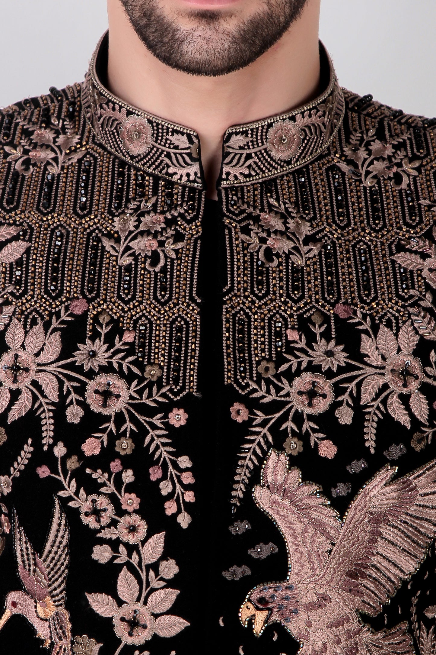 Detail view 2 - Men’s Bandhgala – Japanese Lycra in Black with Royal Palace Theme Embroidery