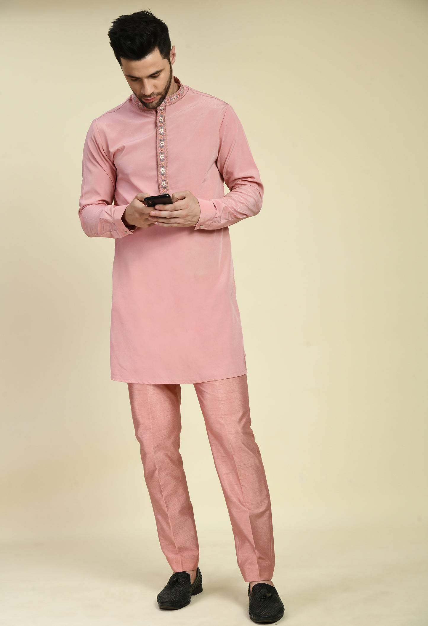 Men’s Indo-Western – Silk Georgette in Pink with Floral Multi Thread Embroidery | One Man Show