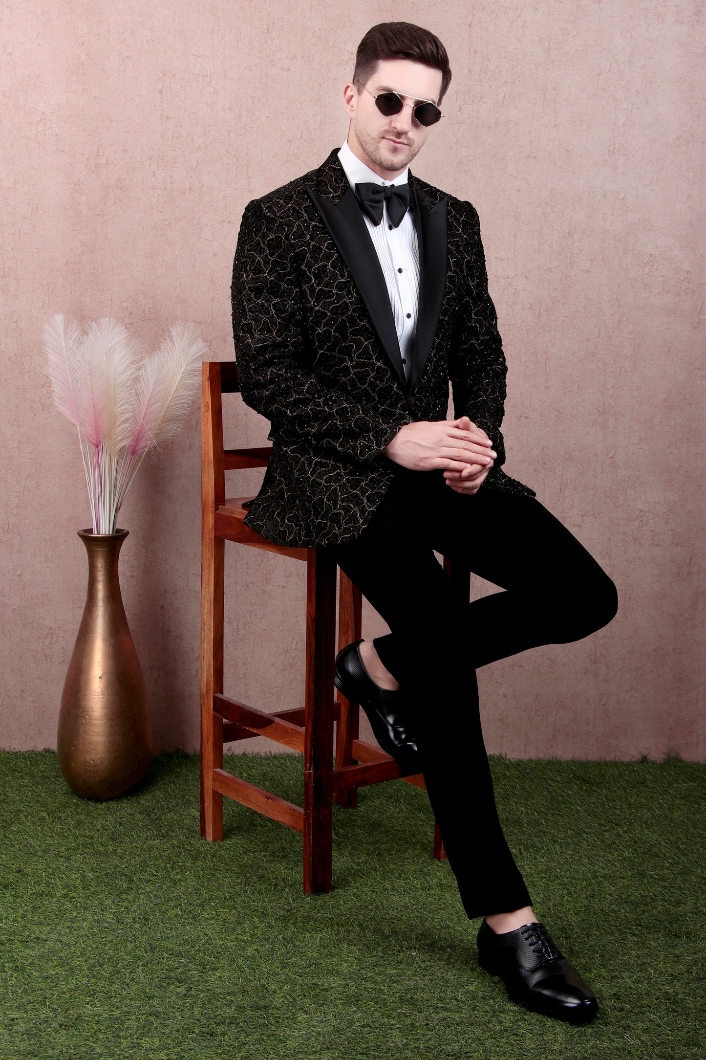 Men’s Tuxedo – Japanese Lycra in Black with Abstract Zari Embroidery | One Man Show