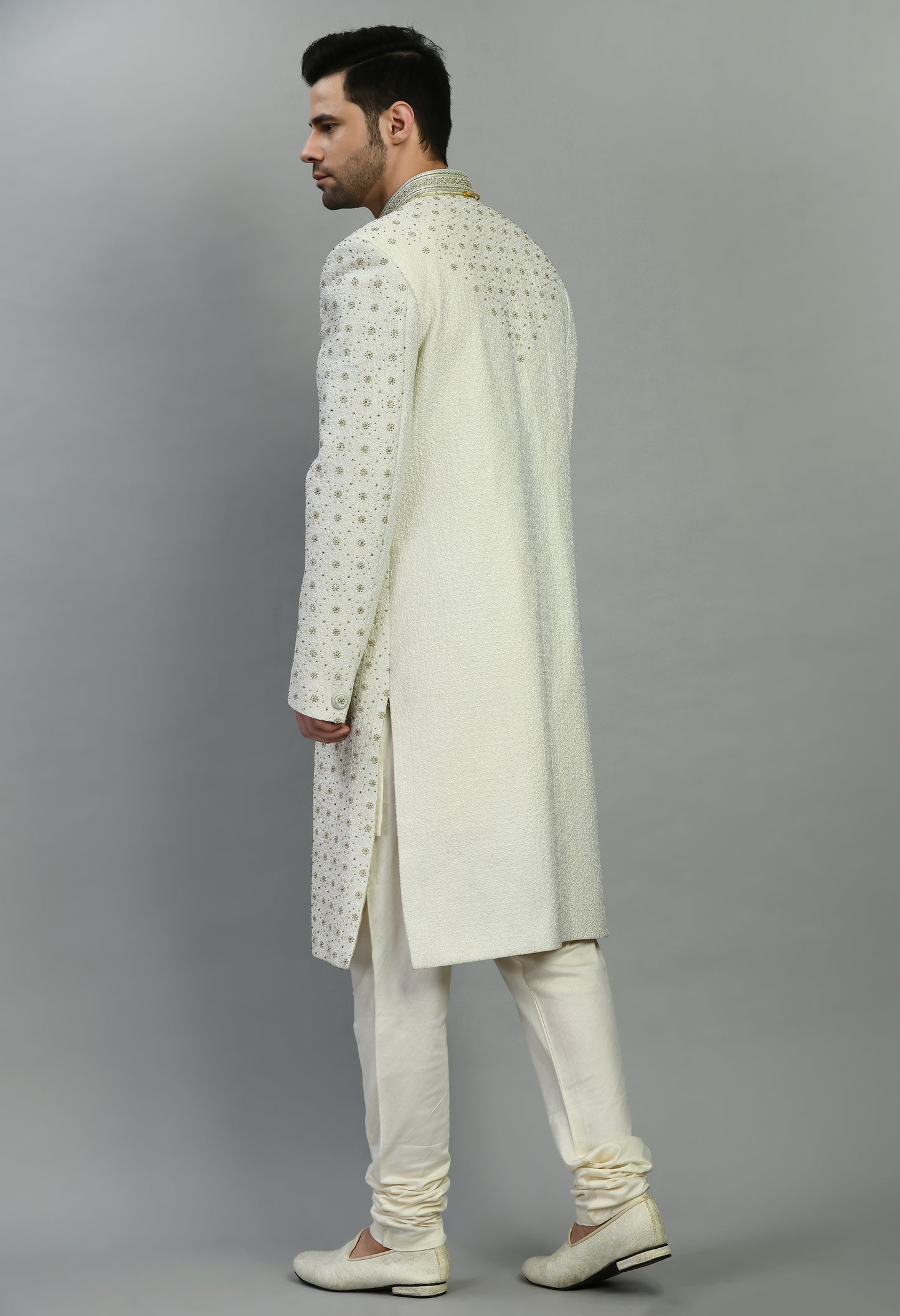 Men’s Sherwani – Silk in Ivory with Detailed Hand Embroidery Allover | One Man Show
