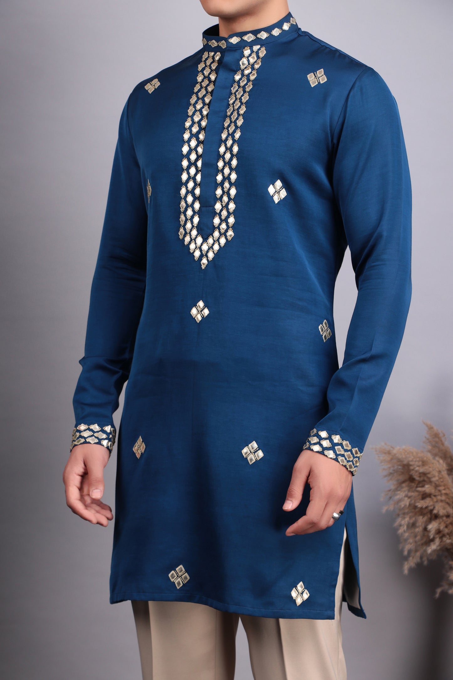 Men’s Kurta Set – Modal Satin in Blue with Brads, Stone and Leather Applique Work | One Man Show