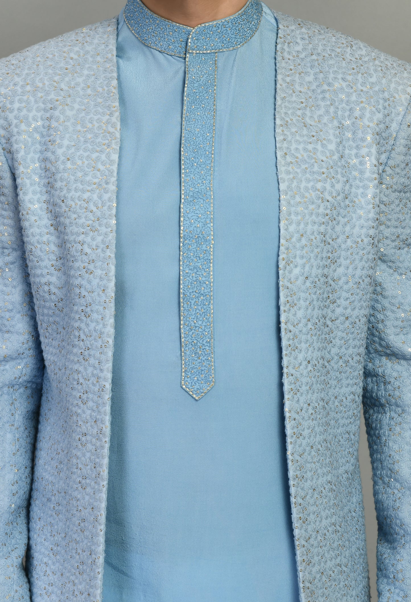Men’s Indo-Western – Silk Georgette in Sky Blue with Floral Thread Work | One Man Show