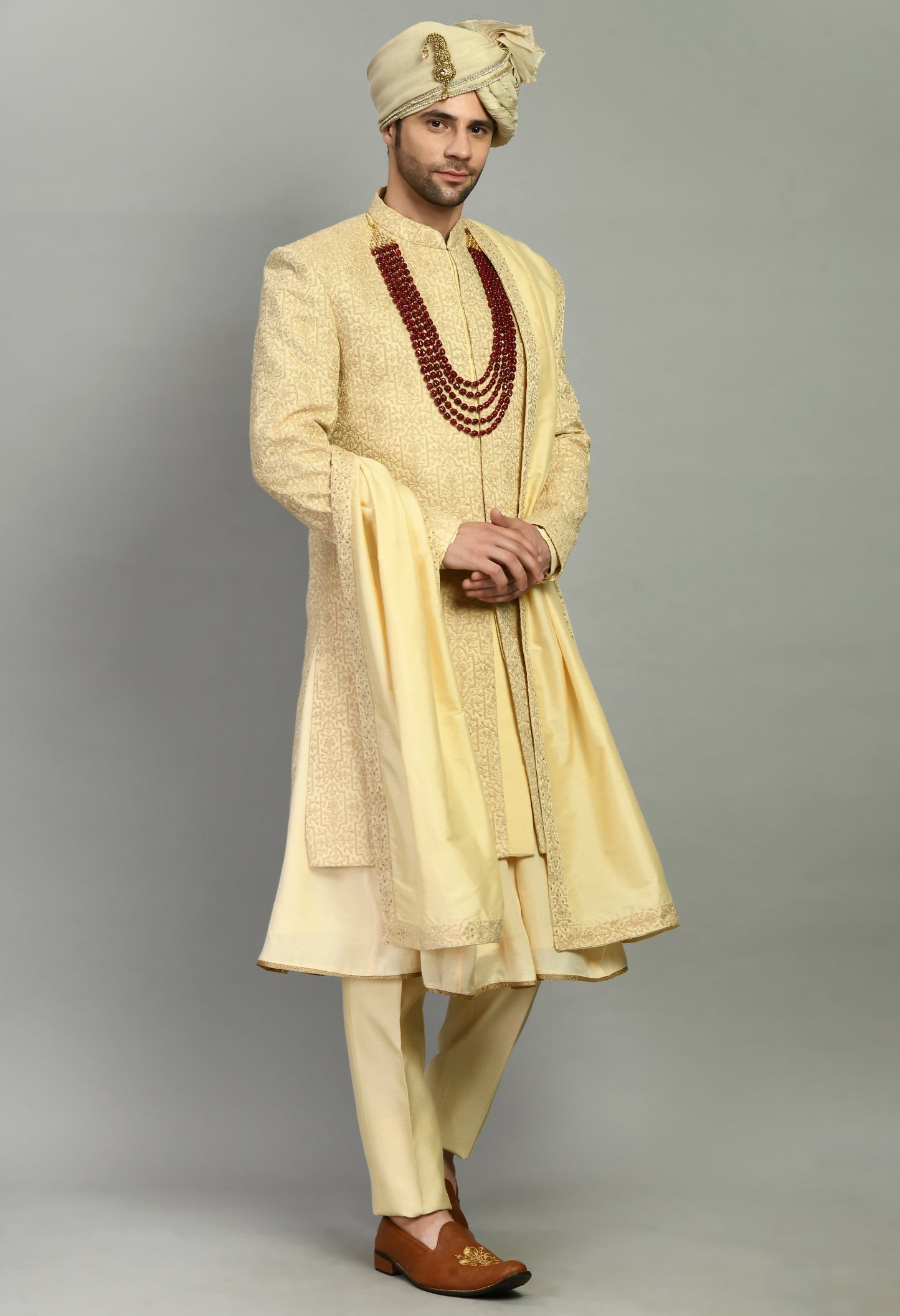 Men’s Sherwani – Silk in Beige with Detailed Hand Embroidery Allover | One Man Show