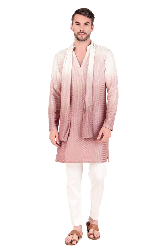 Men’s Kurta Set – Silk Georgette Embroidery in Pink with Ombre Dye | One Man Show