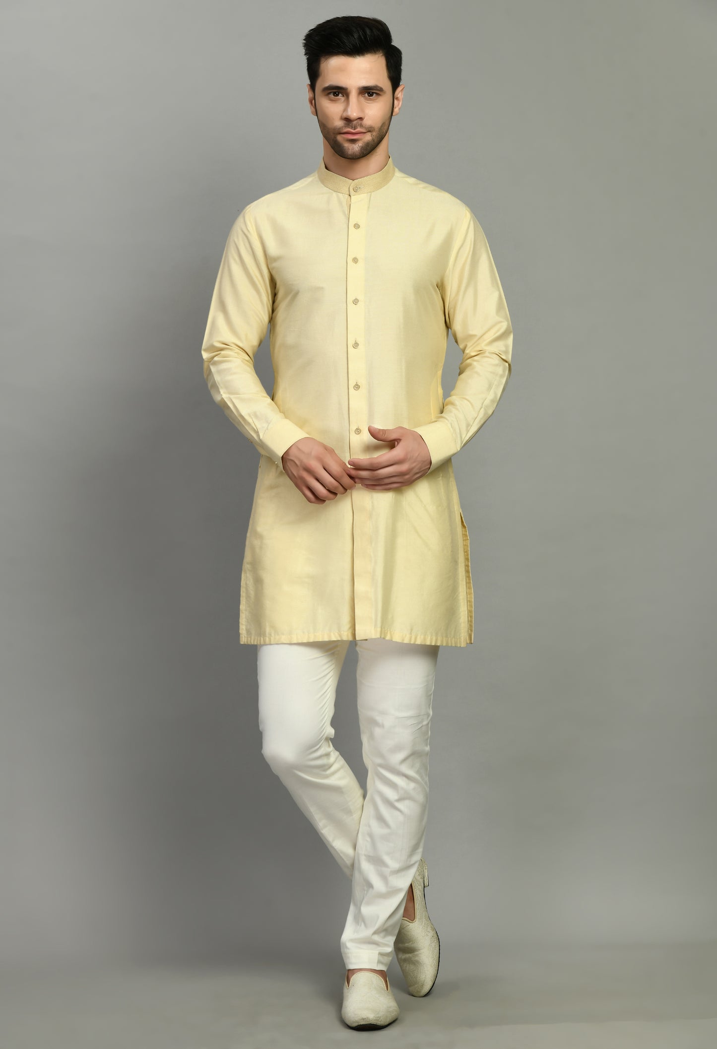 Men’s Kurta Set – Modal Satin in Cream with Embroidery Border Stoll | One Man Show