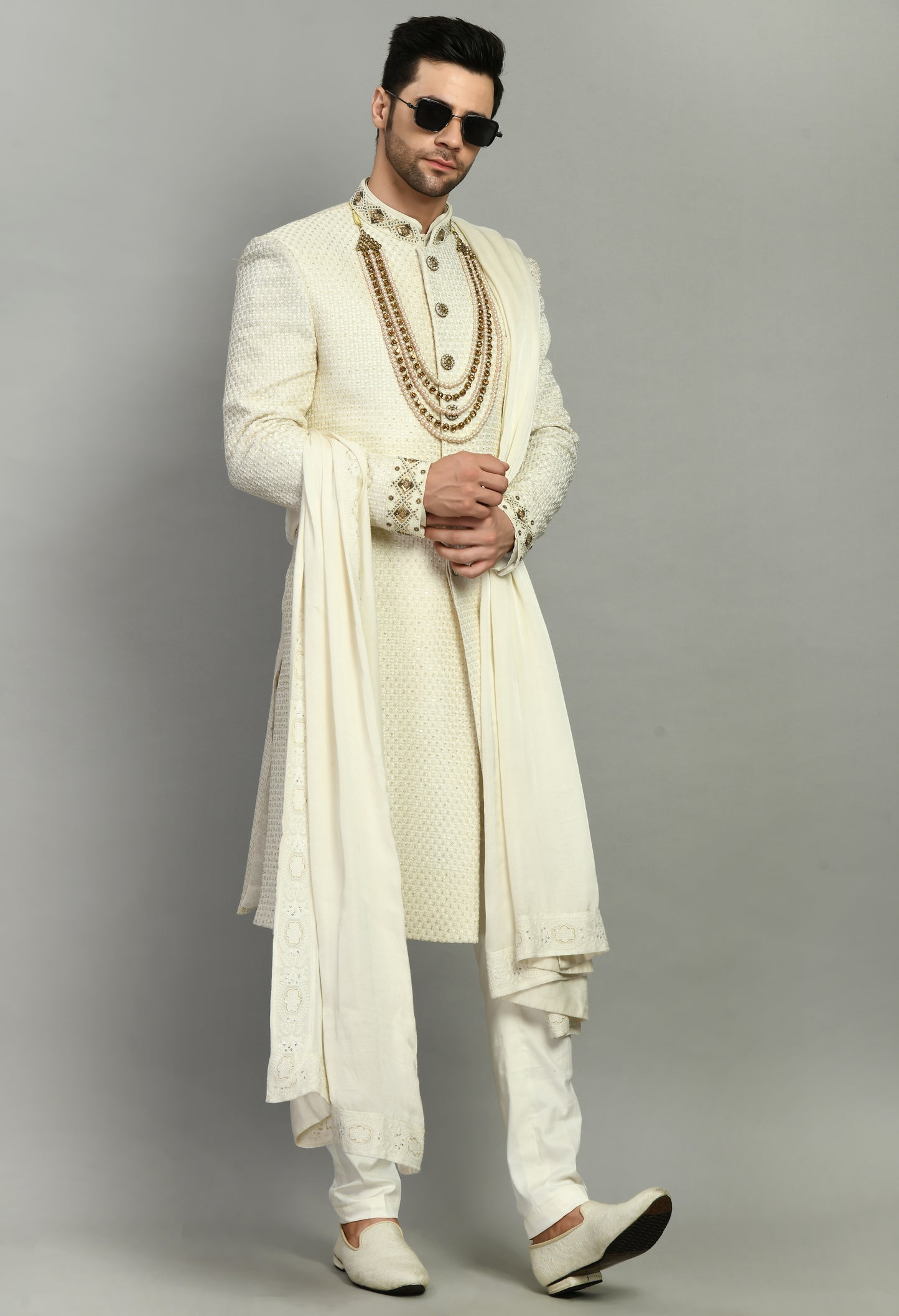 Men’s Sherwani – Silk in Ivory with Detailed Hand Embroidery | One Man Show