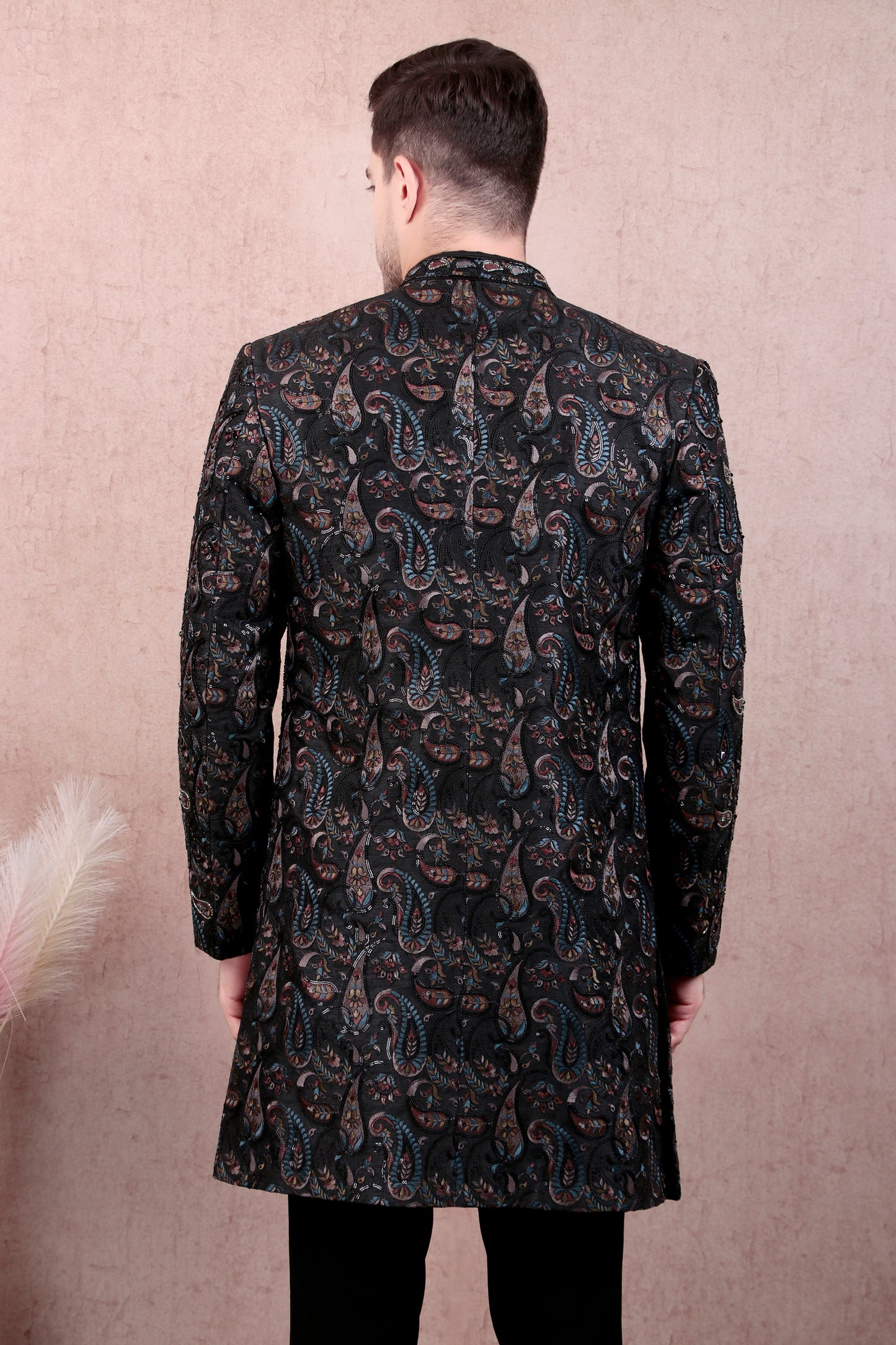 Detail view 8 - Men’s Sherwani – Georgette in Black with Silk Thread Paisley Embroidery