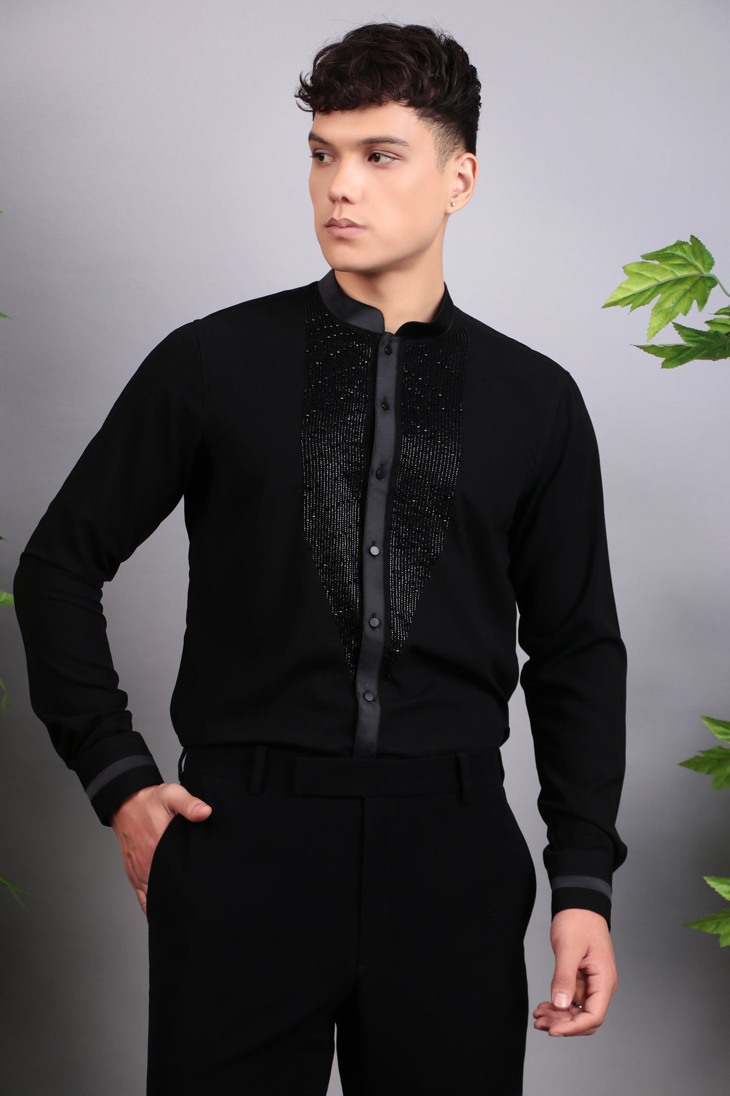 Men’s Shirt – Korean Wrinkle Free in Black with Front Beads Embroidery | One Man Show