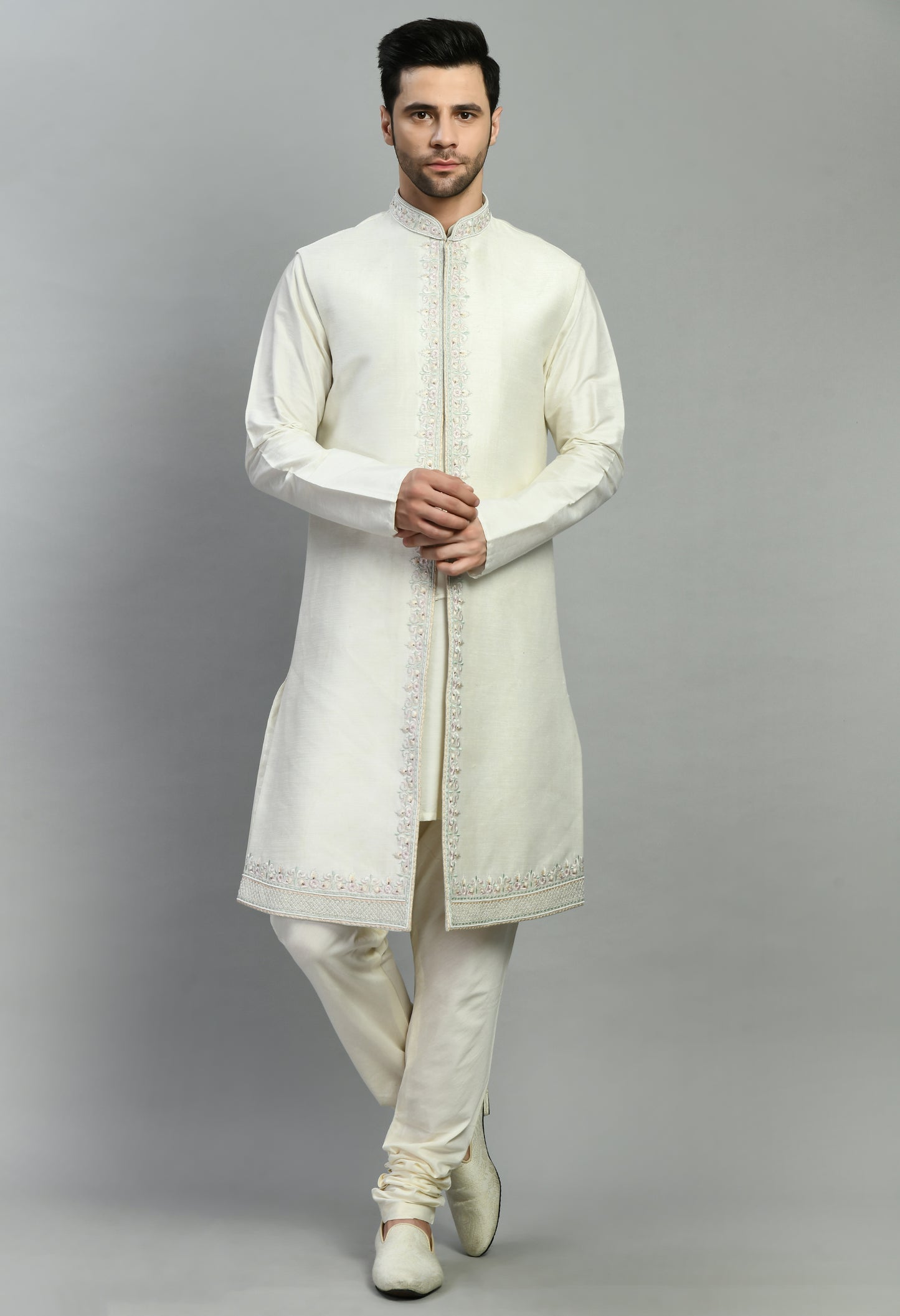 Men’s Sherwani – Silk in Ivory with Detailed Hand Embroidery Allover | One Man Show