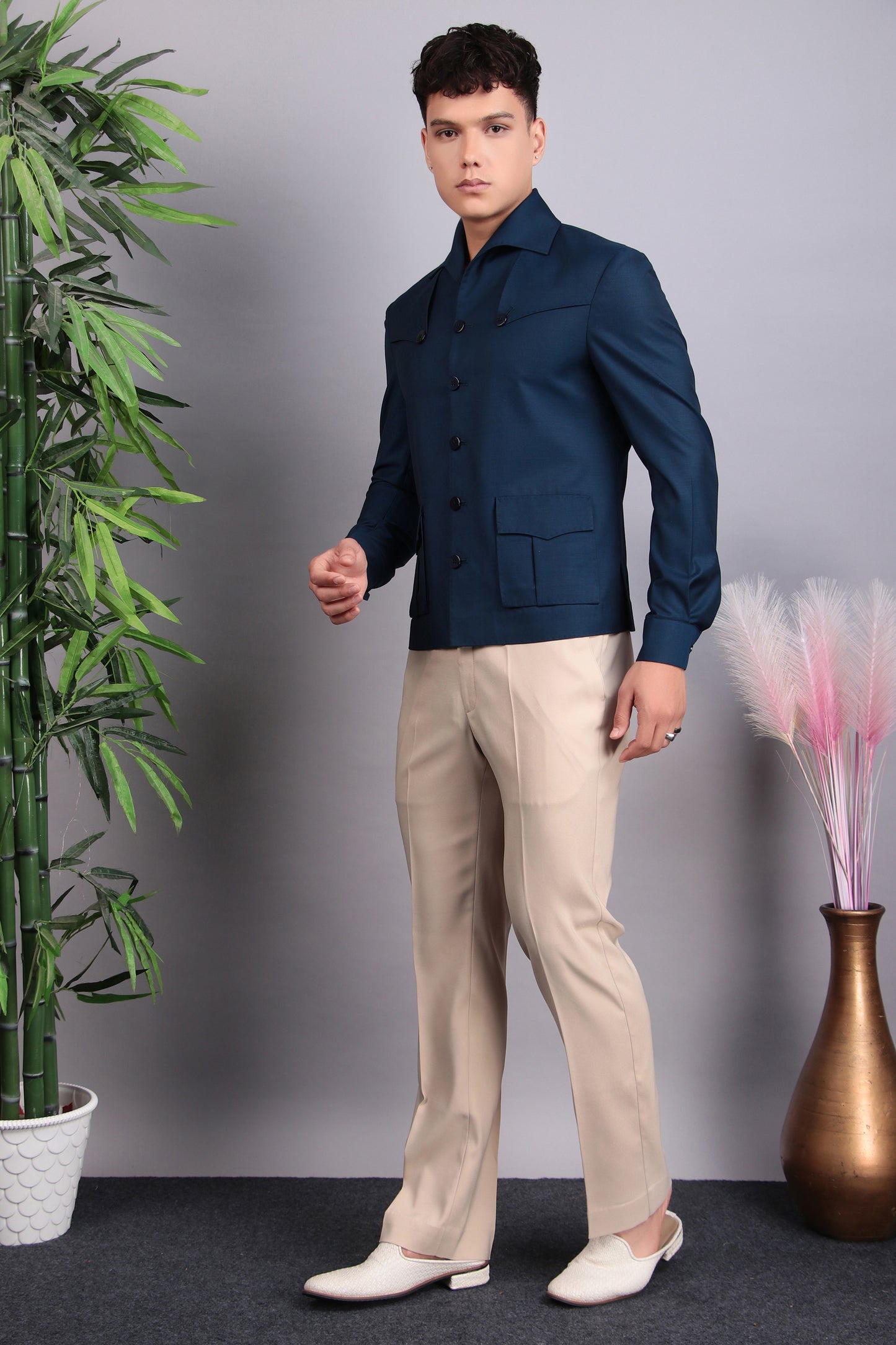Men’s Suit – Suiting Lycra in Blue with Hunter Shirt and Hand Stitchwork Details | One Man Show