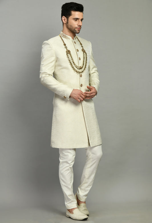 Men’s Sherwani – Silk in Ivory with Detailed Hand Embroidery Allover | One Man Show