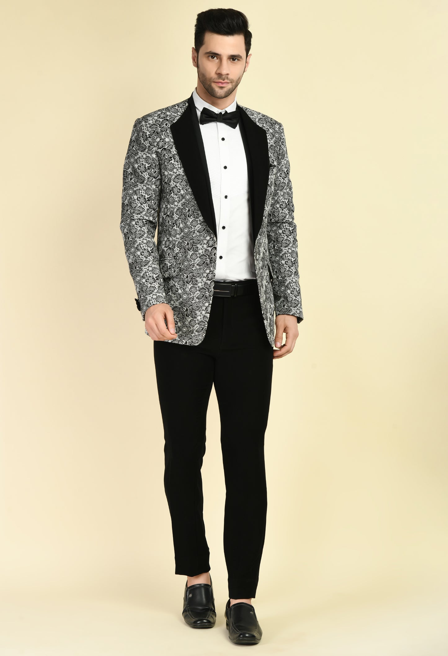 Men’s Tuxedo – Poly Jaquard in Grey with Floral Lapel Design | One Man Show