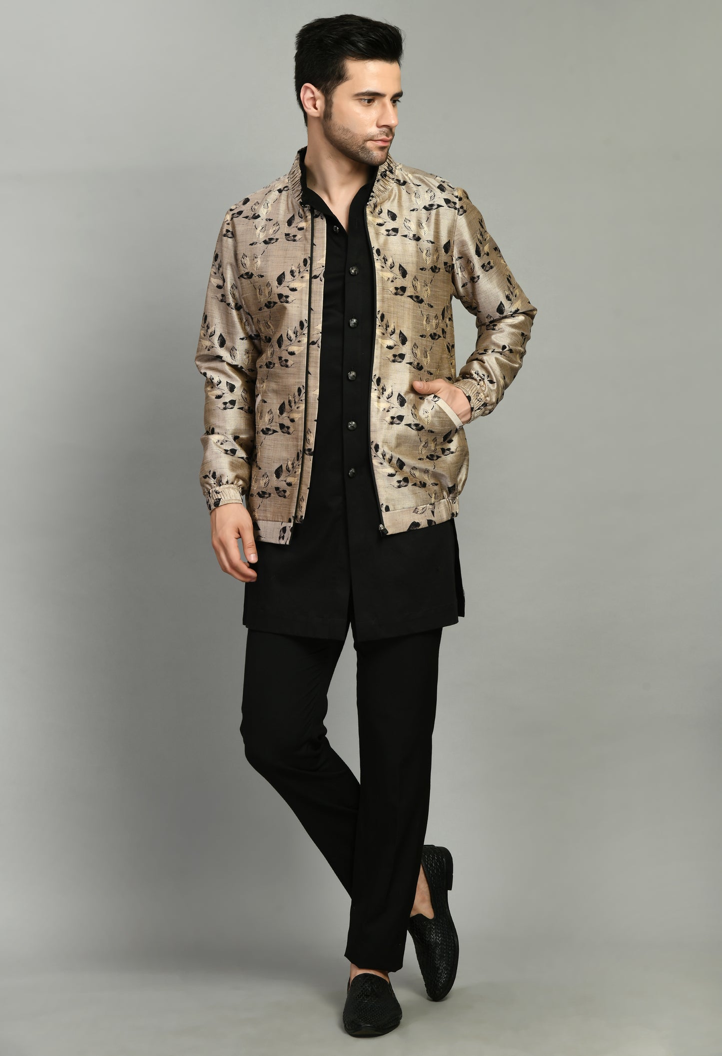 Men’s Indo-Western Set – Silk Print in Cream and Black with Floral Print Bomber Jacket | One Man Show