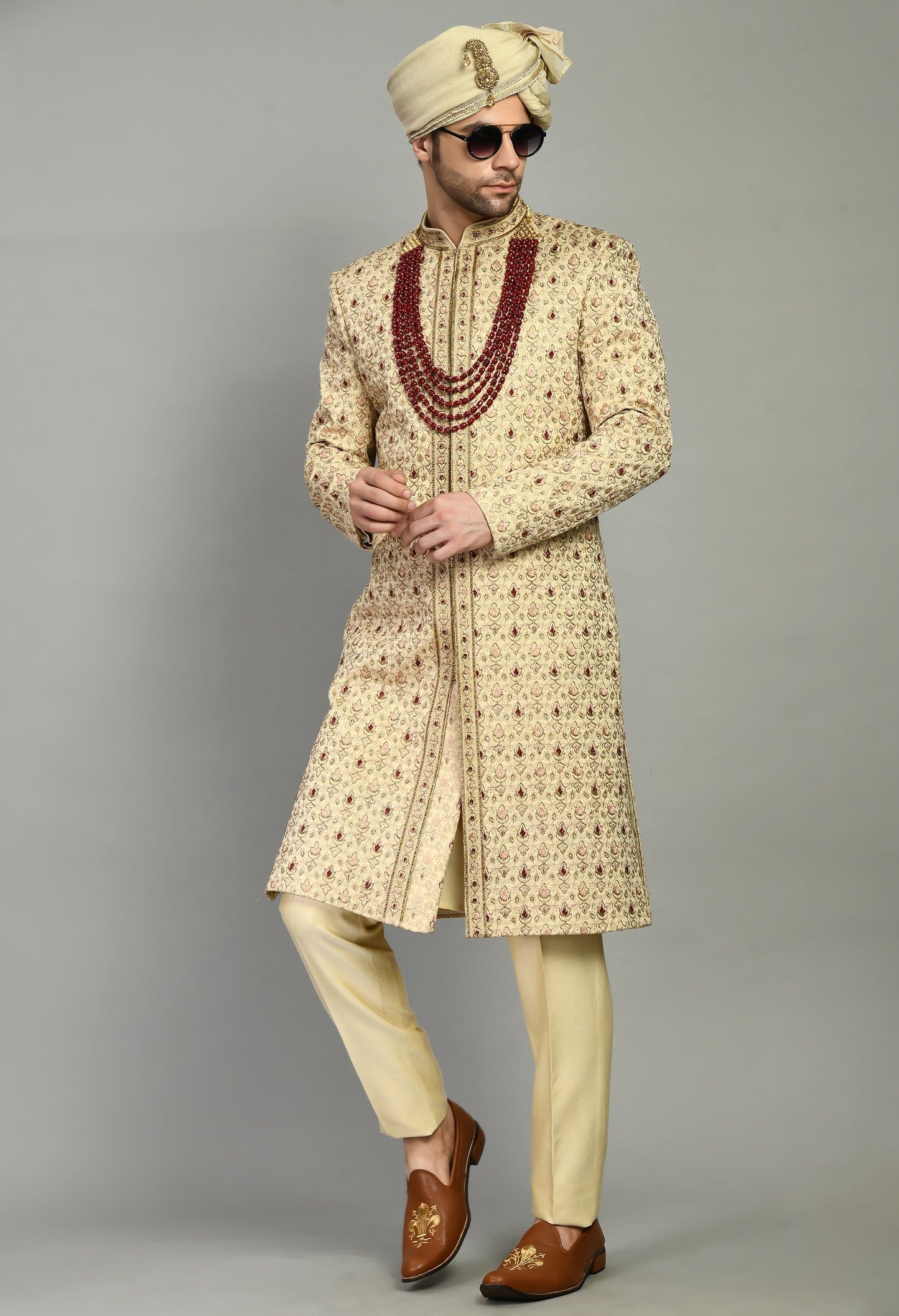 Men’s Sherwani – Silk in Beige with Detailed Hand Embroidery Allover | One Man Show