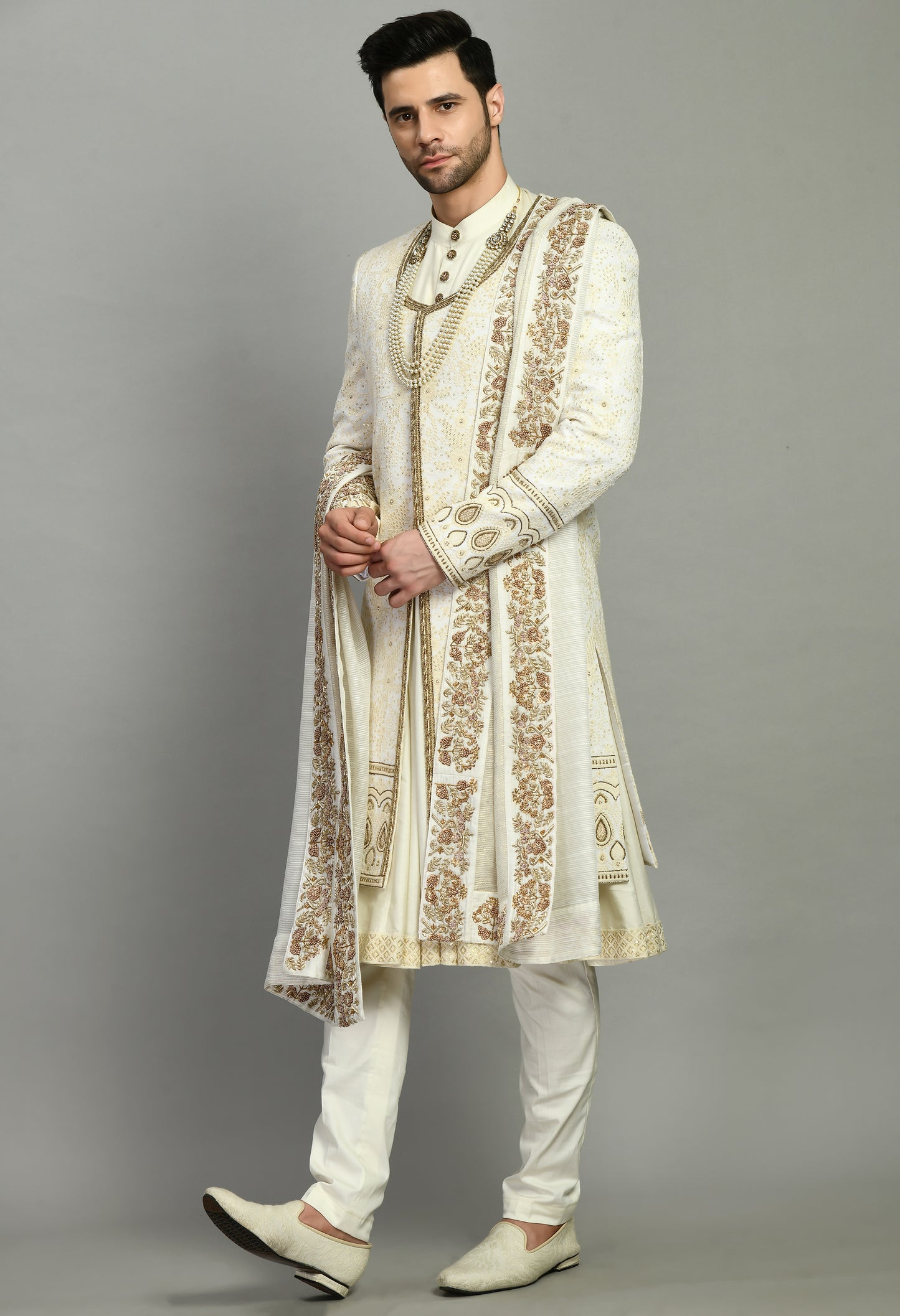 Men’s Sherwani – Silk in Ivory with Detailed Hand Embroidery Allover | One Man Show