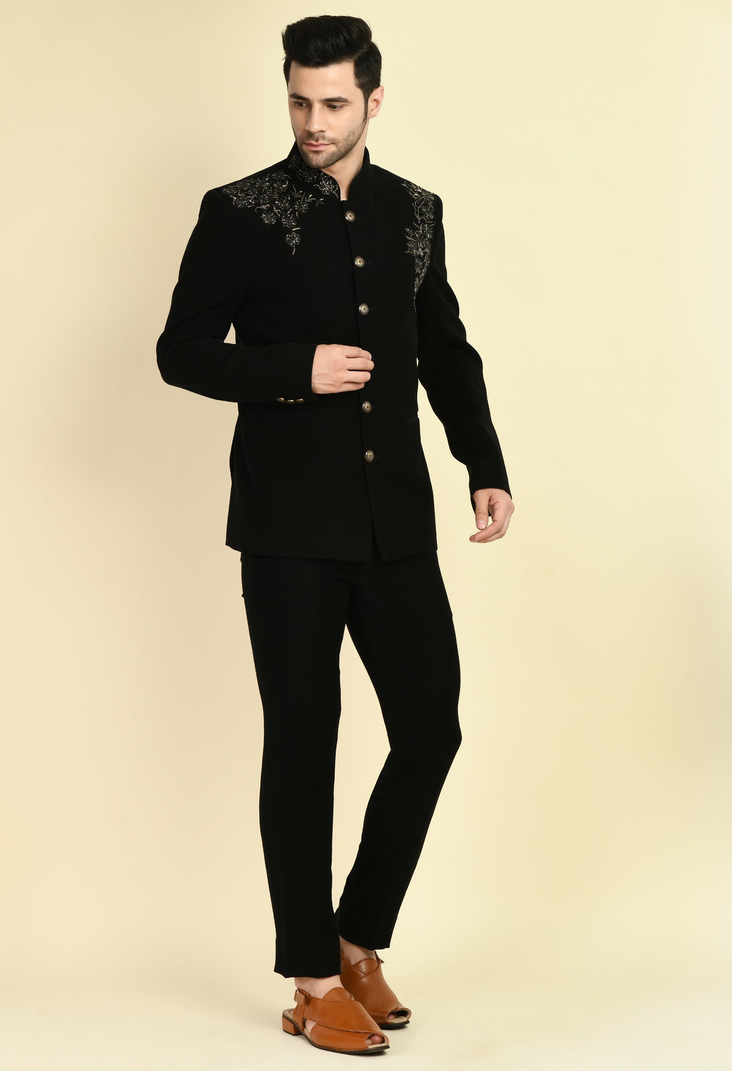 Men’s Bandhgala – Japanese Lycra in Black with Shoulder Placement Embroidery | One Man Show