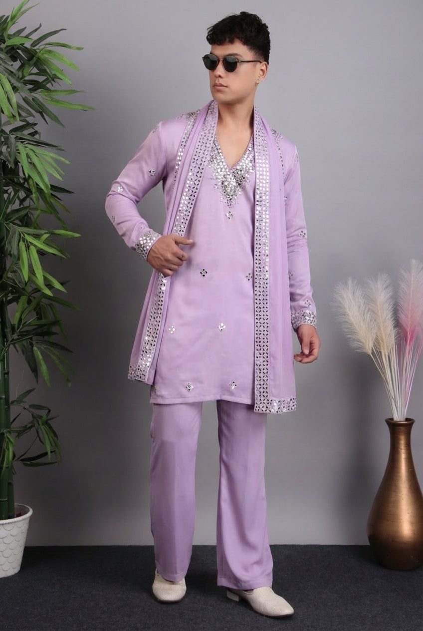 Men’s Kurta Set – Modal Satin in White with Brads, Stone and Mirror Embroidery | One Man Show