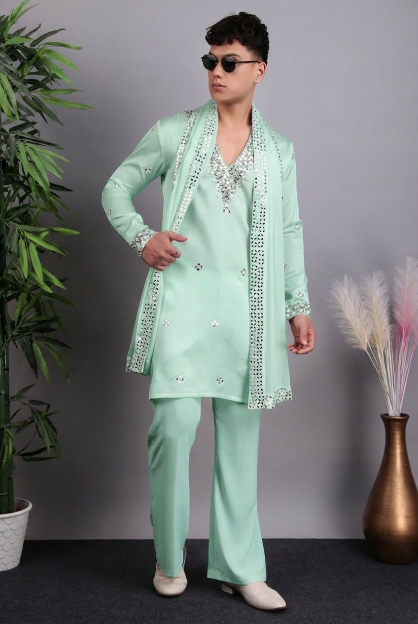 Men’s Kurta Set – Modal Satin in White with Brads, Stone and Mirror Embroidery | One Man Show