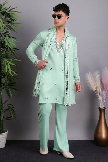 Men’s Kurta Set – Modal Satin in White with Brads, Stone and Mirror Embroidery | One Man Show